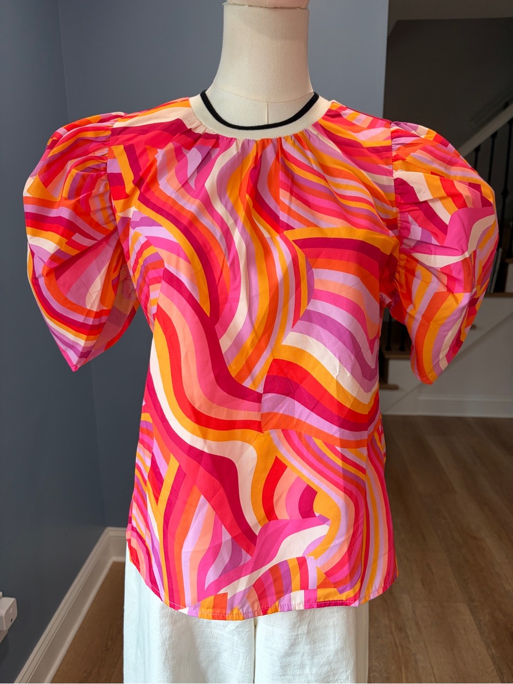 THML Mallory Mix Stripe Puff Sleeve Top Pink Orange Retro Print XS